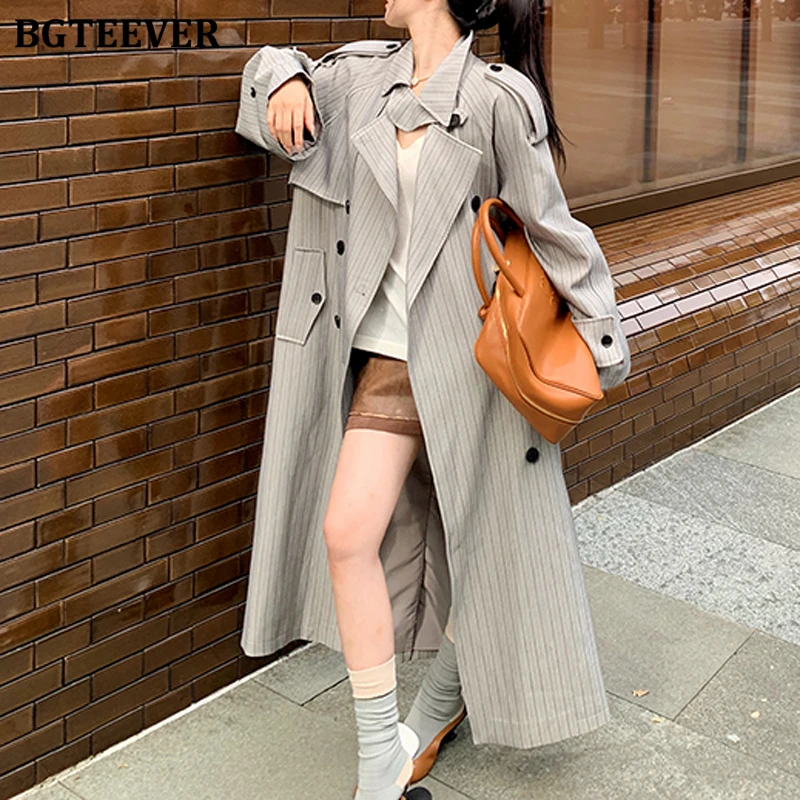 

BGTEEVER стильный женский двубортный плащ с лацканами, осень-зима, повседневная женская полосатая ветровка с длинным рукавом и поясом