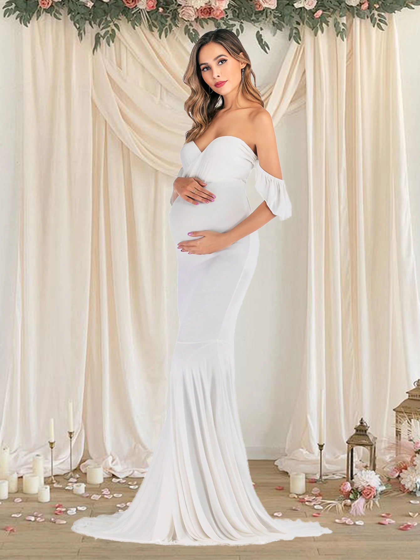 mermaid wedding dress pregnant White Lace Mermaid Maternity Wedding Dress, White / XL