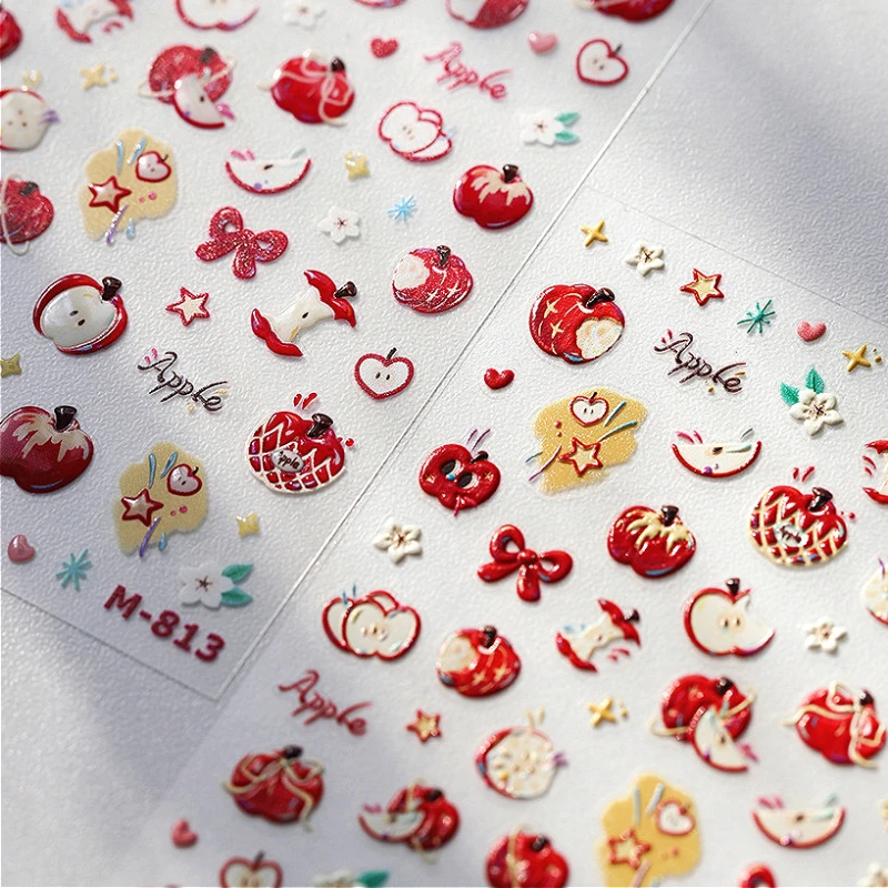 Lovely Red Apples Bowknot Stars Flowers 5D Reliefs Self Adhesive Nail Art Stickers Peach Grape Cherry Fruits 3D Manicure Decals