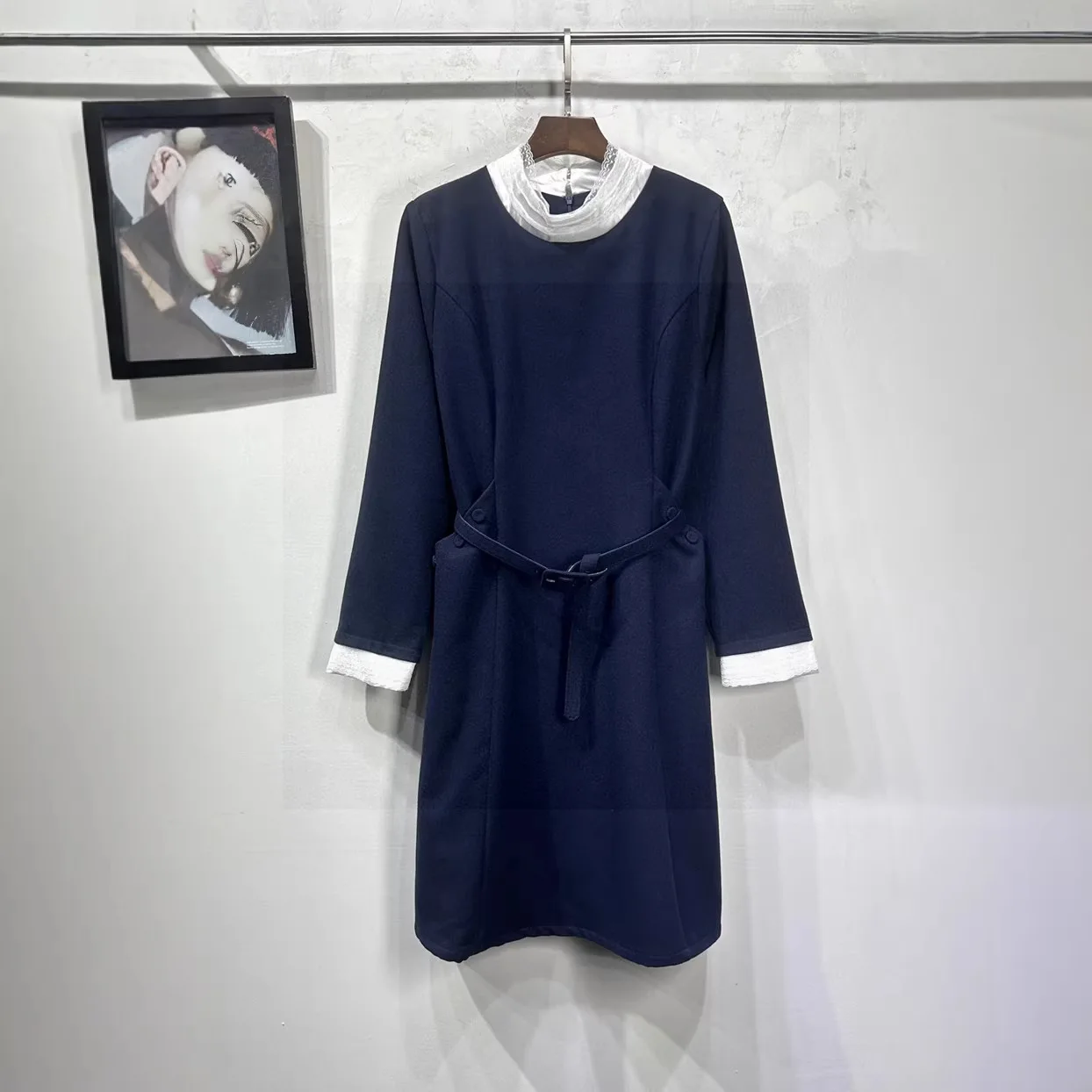Women Summer Contrast Lace Collar Belted Midi Dress