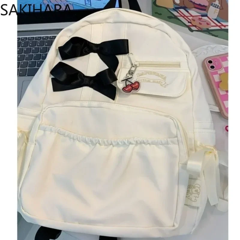 Sweet Backpack for College Students Aesthetic Japanese Kawaii Black Bow Solid Preppy Mochila for Junior High School Students