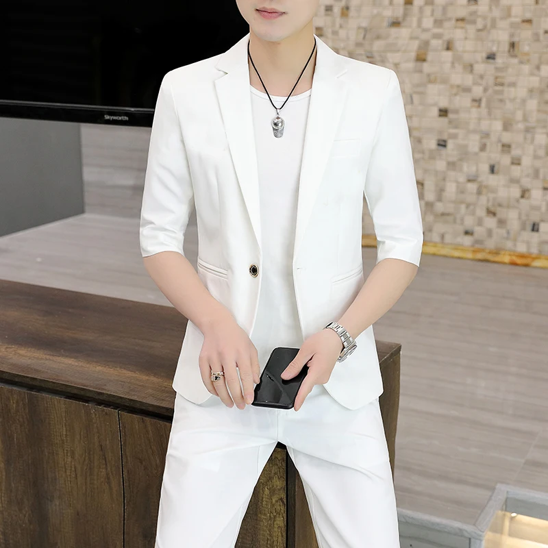 

Summer Thin Casual Men's Suiting Short Sleeve Seven-Five Sleeve Midi Dressing Set Standard Fit Spring Autumn Youth Trend