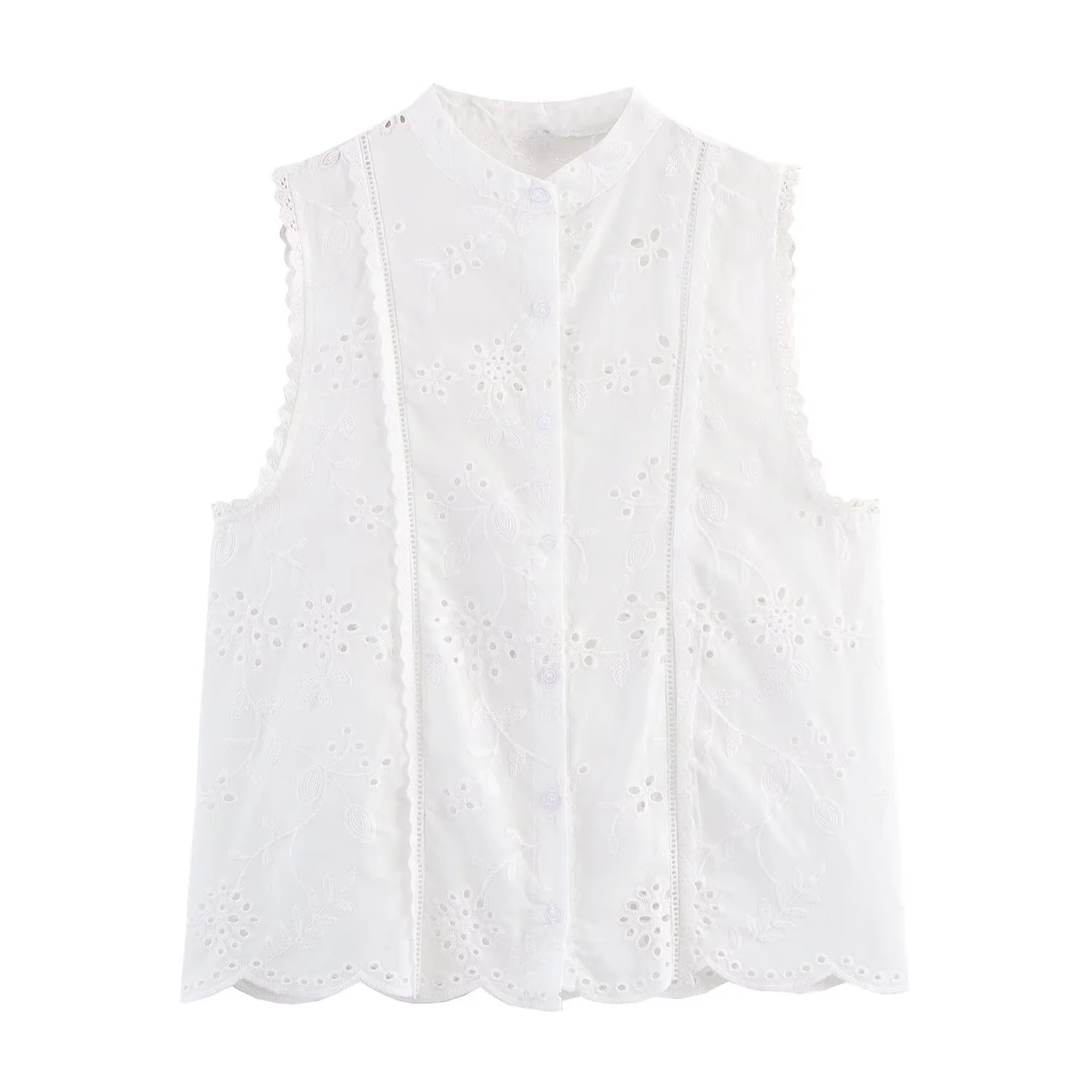

PB&ZA2025 summer new women's hollow embroidery casual fashion simple retro round neck sleeveless shirt top