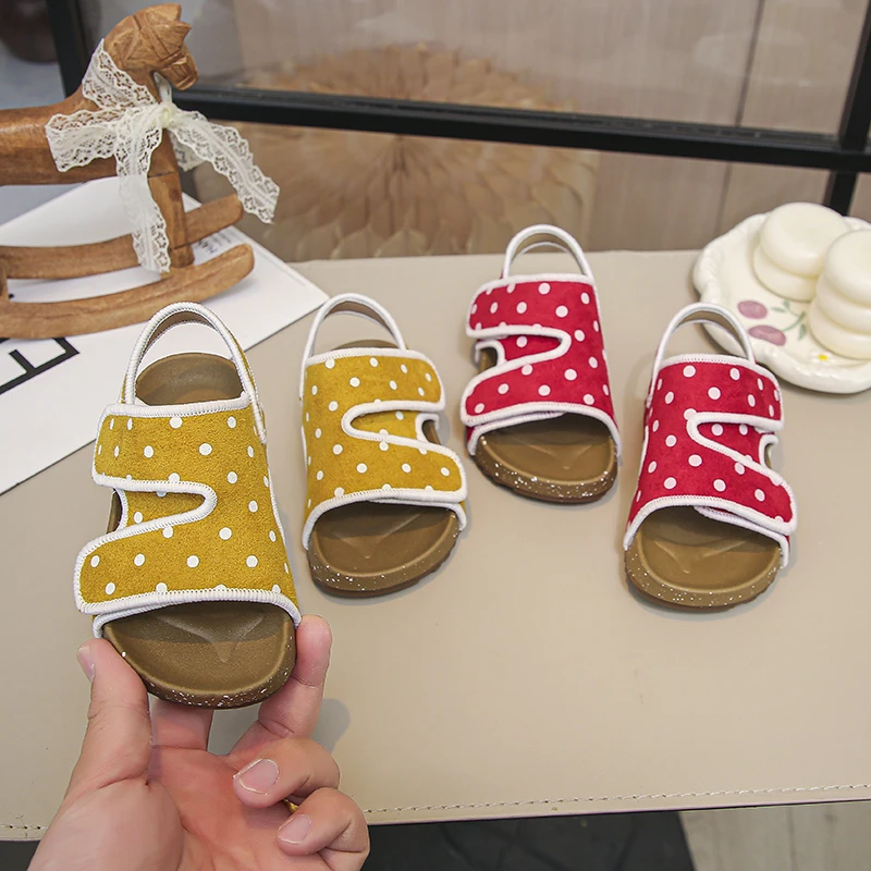 

Solid Color Polka Dot PU Leather Casual Sandals For Girls Summer Flat Anti-slip Shoes
