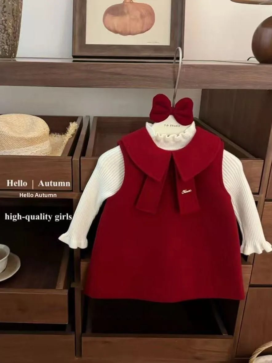 

Girls Red Embroidered Doll Collar Woolen Vest Dr Autumn Winter New Sle Children's Knot Sweater Skirt Set
