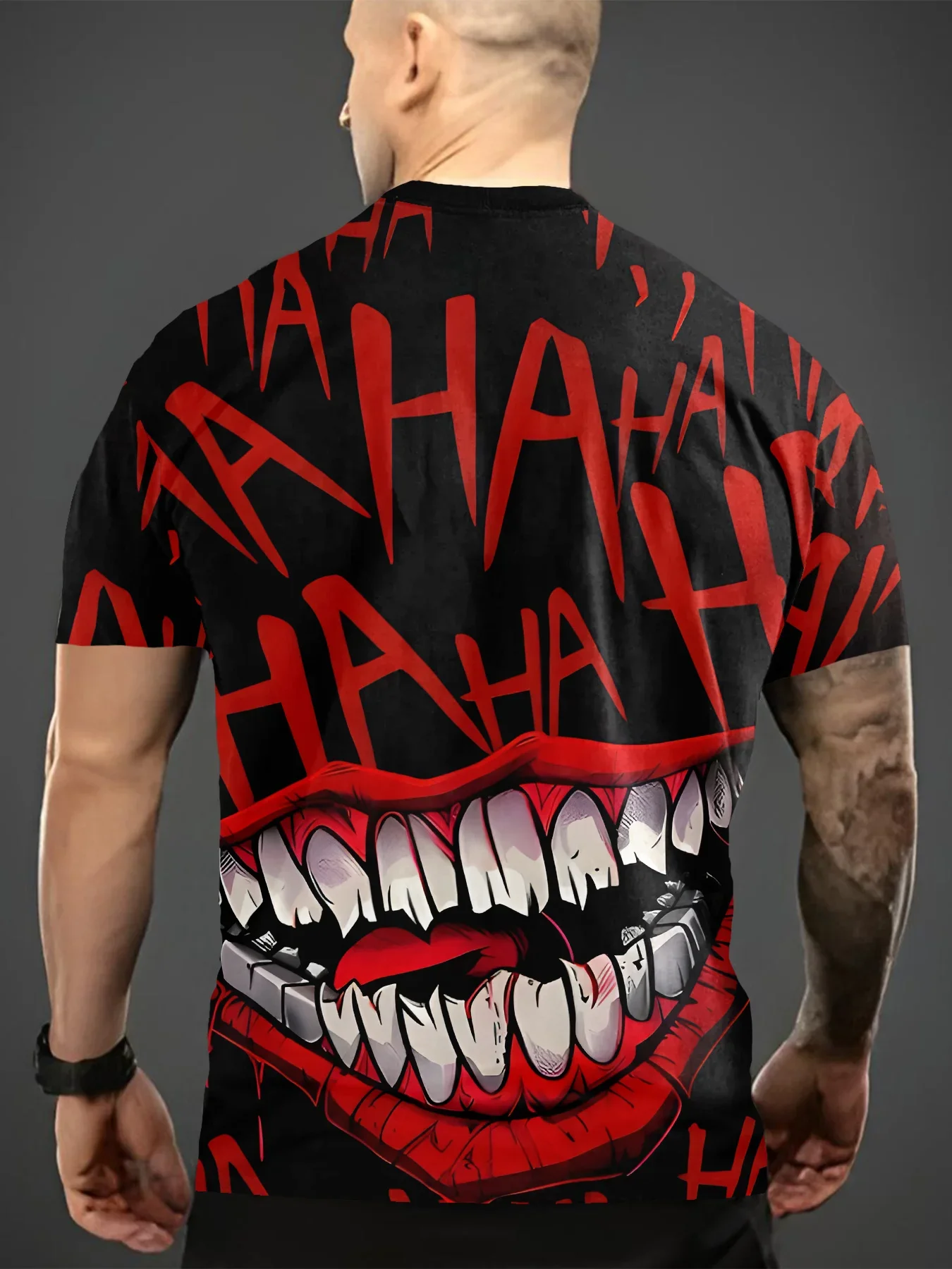 تي شيرت رجالي مطبوع رقمي ثلاثي الأبعاد HAHA Laughing Face Graphic - تي شيرت صيفي كاجوال جريء باللونين الأحمر والأسود يسمح بالتهوية ورقبة دائرية قصير