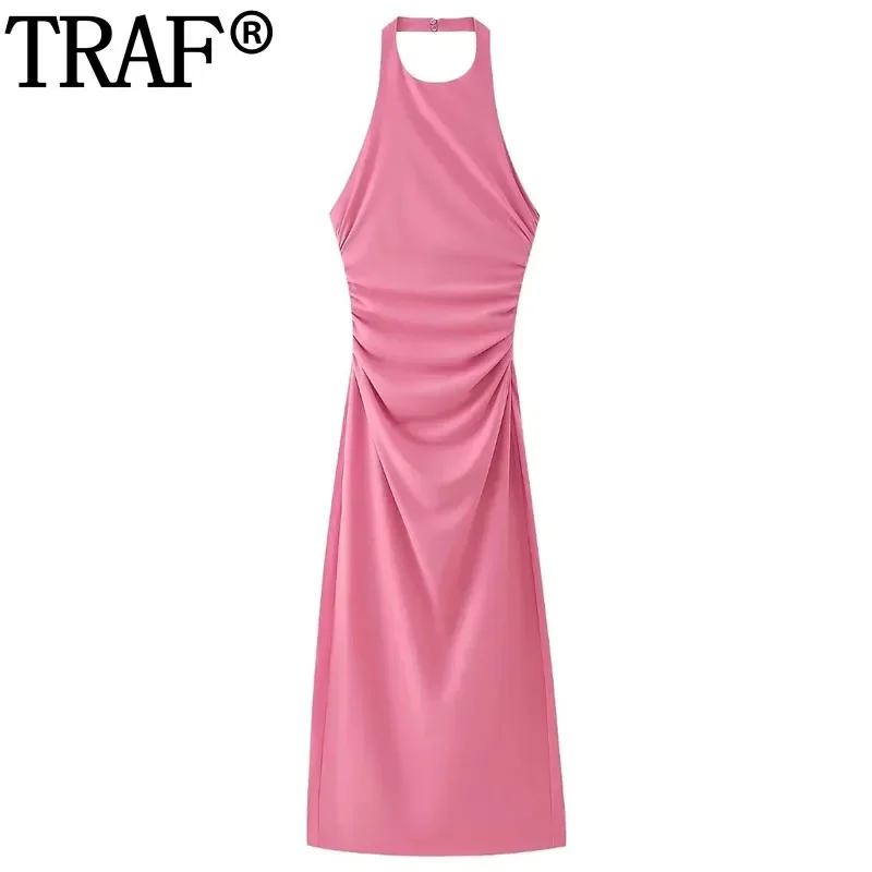 TRAF Off Shoulder Halter Long Dresses Women Ruched Pink Midi Dress Woman Knot Backless Party Dresses Bodycon Sexy Summer Dresses