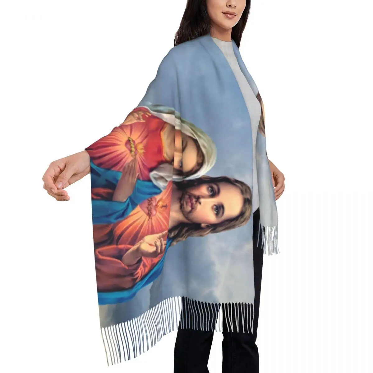 Personalized Print Sacred And Immaculate Hearts Scarf Women Men Winter Warm Scarves Catholic Jesus and Mary Shawls Wraps