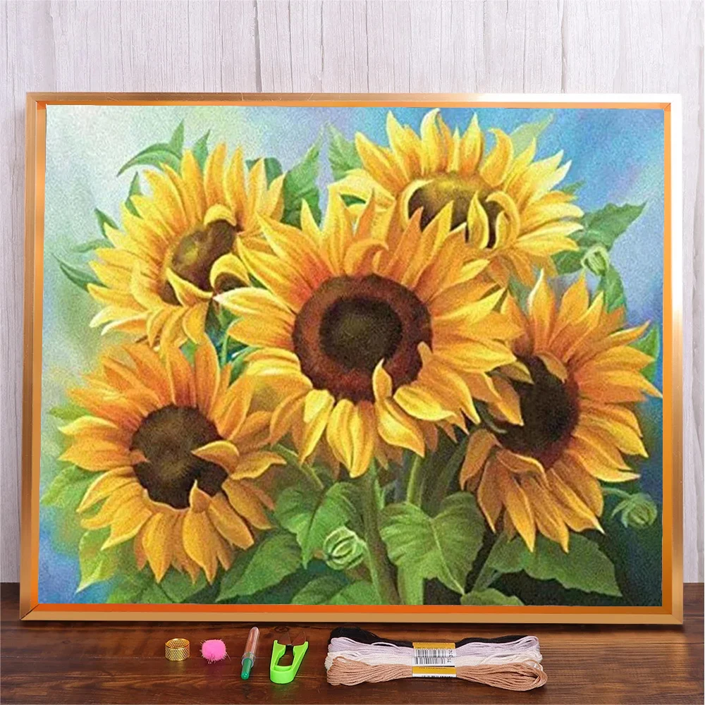 Sunflower Pattern 11CT Cross-Stitch Embroidery Kit DMC Cotton Threads Handicraft Home Decoration Wall Art Printed Canvas Gift