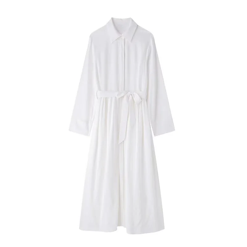 

Women's Dress 2026 Summer New Style White Long-Sleeve Shirt Style with Belt Decoration Long Dress Vacation Style Simple