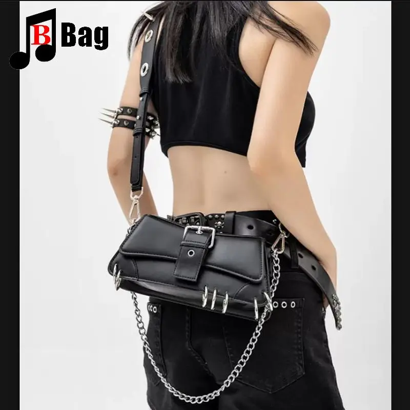 Y2K Gothic Women’s Girls Punk Handbags Harajuku Versatile One Shoulder Chain Diagonal Crossing Method Stick Crossbody Bag Totes