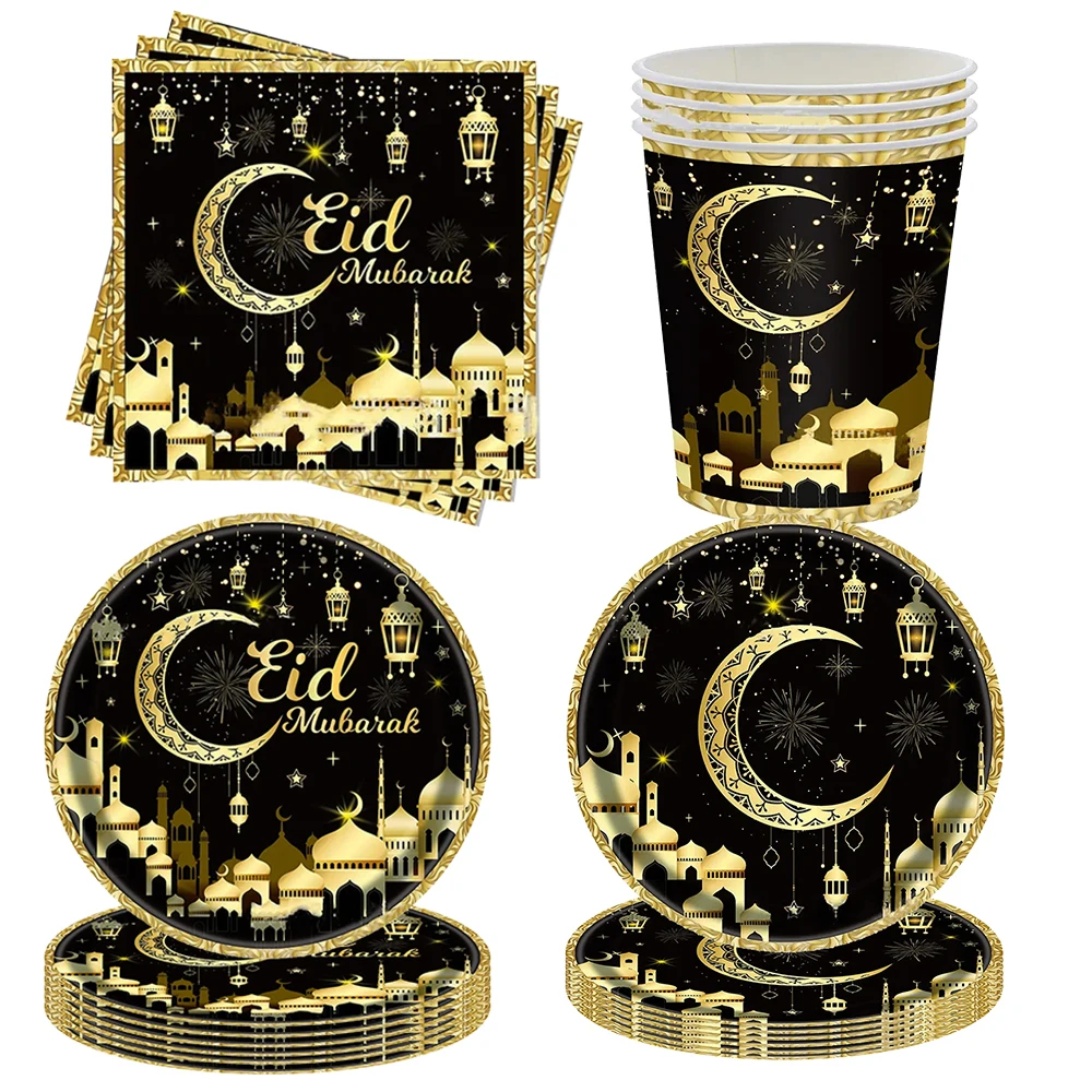 Servilletas musulmanas Eid Mubarak, platos, tazas, mantel, Ramadán, Kareem, platos, tazas, suministros para fiestas Eid Mubarak