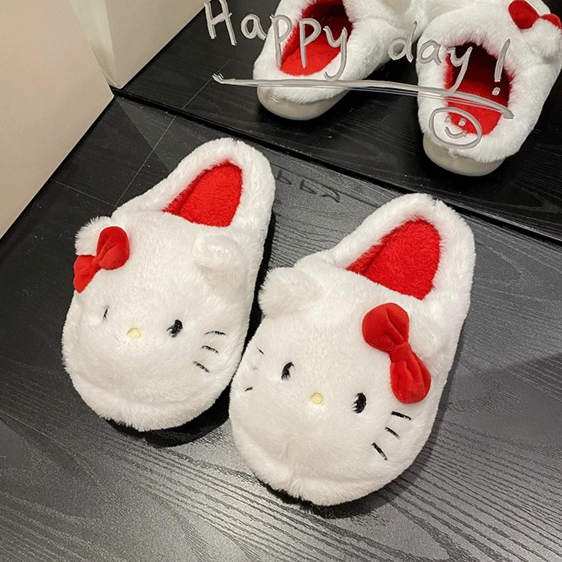 Plush Slippers New Sanrio HelloKitty Kawaii Cute Student Autumn Winter Bedroom Soft Padded Plush Bedroom Aldult Shoes Girls Xmas