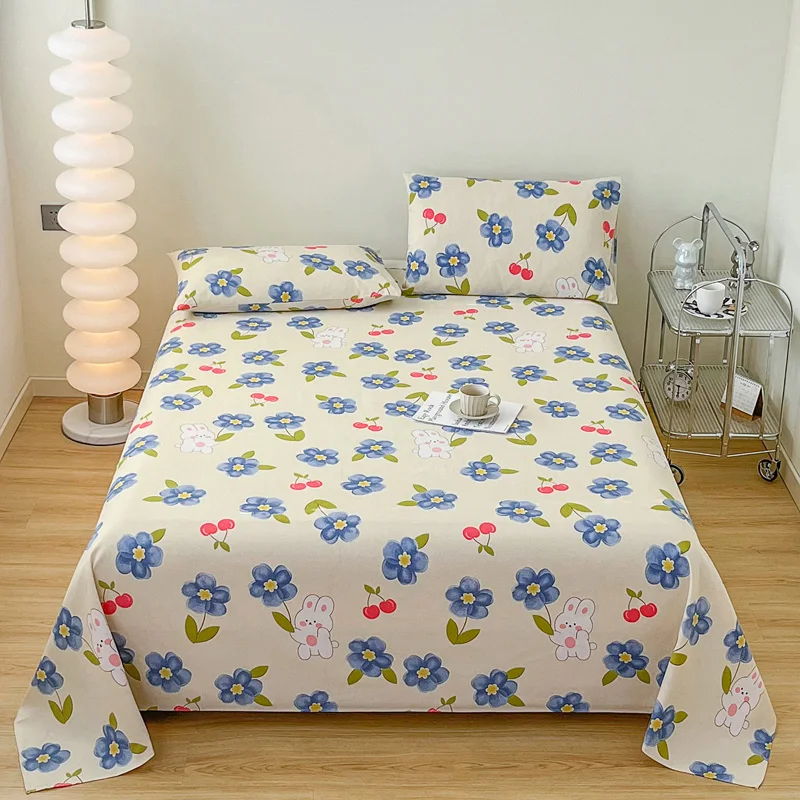 Cartoon Rabbit Blue Flowers Flat Sheet Cute Cherry Bunny Bed Sheet Spring Floral Bedding Sheets Cotton Sheets with 2 Pillowcases