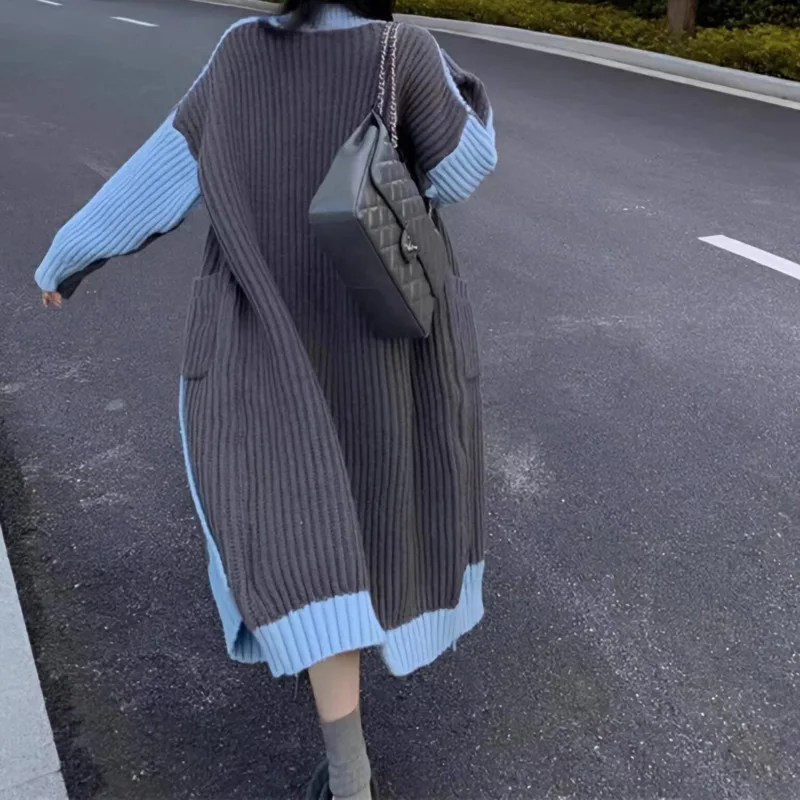 Women Stitching Color Thick Warm Long Sweater Cardigan Autumn Single-breasted Pocketed Knitted Coat Female Loose Casual Top