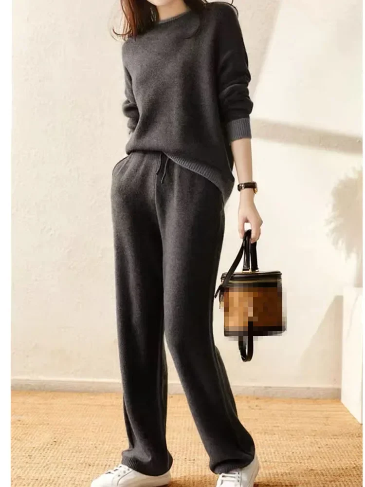 New Autumn Winter Advanced Fashion Casual Pants Sets Women O-Neck Knitted Pullover Sweater Celebrity Two Piece Set