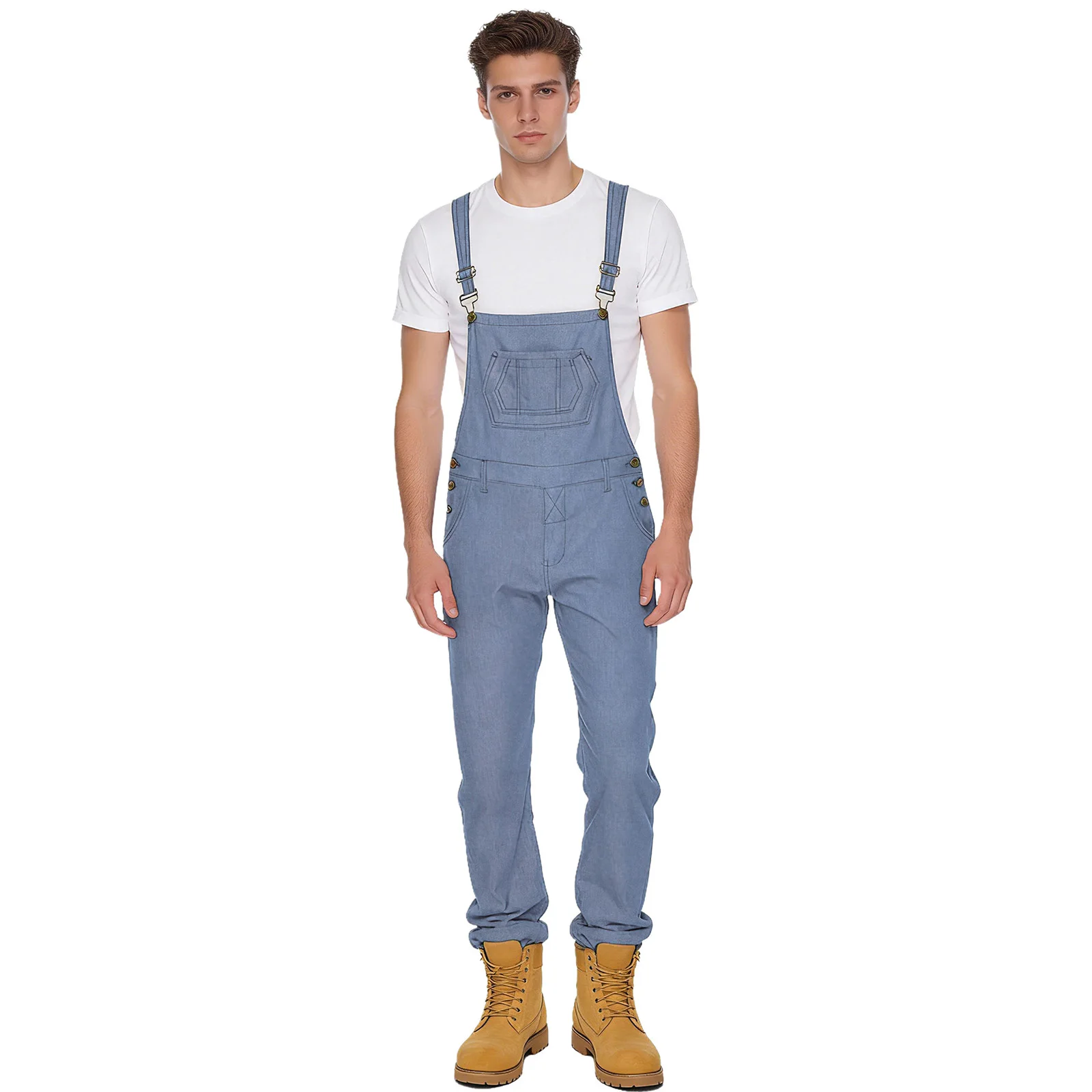 Men Casual Denim Suspender Jumpsuit Adjustable Wide Shoulder Straps Sleeveless Waist Buttons Overalls with Multiple Pockets Suit