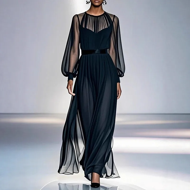 

Vintage Elegant Woman Maxi Dresses 2026 Summer Spring Puff Sleeves Pleated Mesh Solid color Long Dresses Evening Party Dress