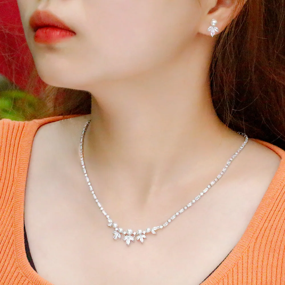CWWZircons Schöne Blatt Tropfen Mehrfarbigen Kubische Zirkon Luxus Big Chunky Hochzeit Halskette Ohrring Braut Partei Schmuck Sets T636 – Detail 1