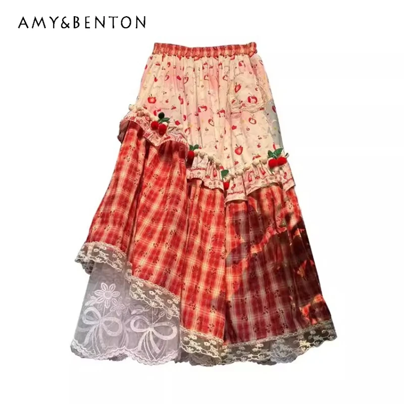 

2026 Spring Summer New Red Fruit Checkered Print Women's Skirt Countryside Style Sweet Irregular Lace Splicing Long Skirts Girl
