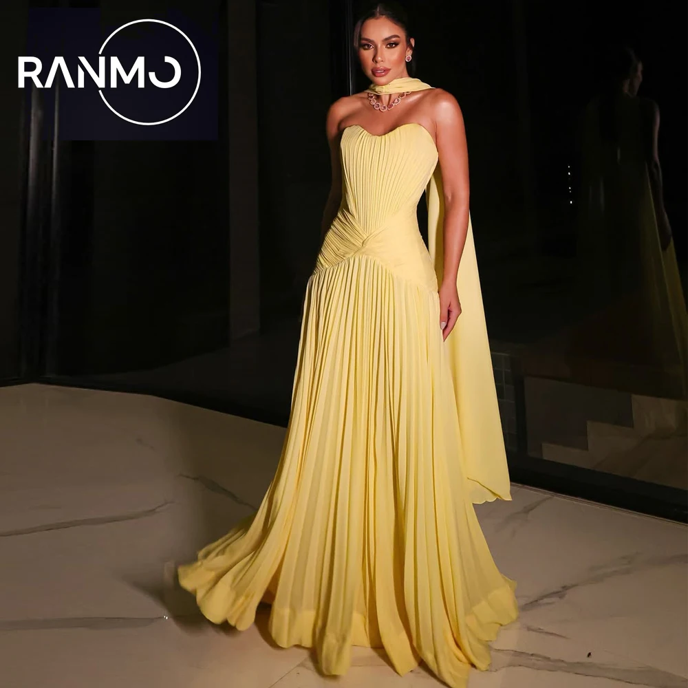 

Ranmo 2026 New Spring Soft Yellow Long Prom Dresses Hot Sale Pleated Chiffon Evening Dress Women Travel Holiday Party Dresses