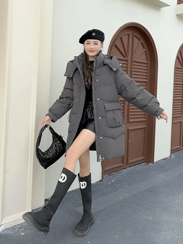 Chaqueta de plumón de longitud media con capucha de invierno impermeable con bolsillo grande Parker prendas de vestir para mujer chaquetas de plumón con cremallera de pato blanco JJ1110