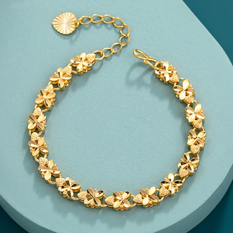 

Fashion Lucky 24K Gold Color Bracelet 6mm Four-leaf clover gold bracelet, Suitable For Women's Jewelry Gifts