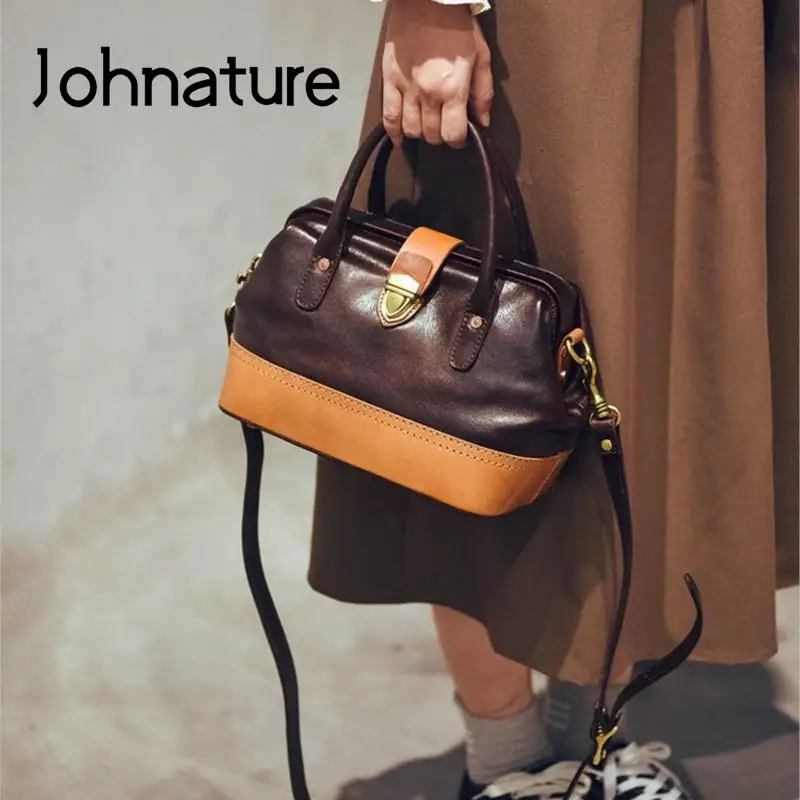 Johnature Vintage Doctor Bag Genuine Leather Large Capacity Commuter Women Shoulder Bags Real Cowhide Color Contrast Handbag