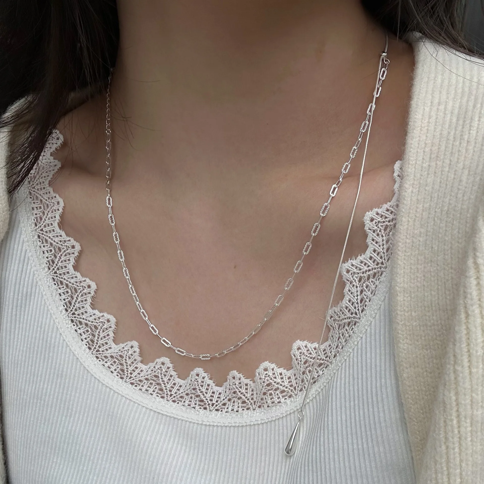 

Temperament AB Water Drop Pendant Sweater Chain S925 Sterling Silver Asymmetric Adjustable Long Necklace