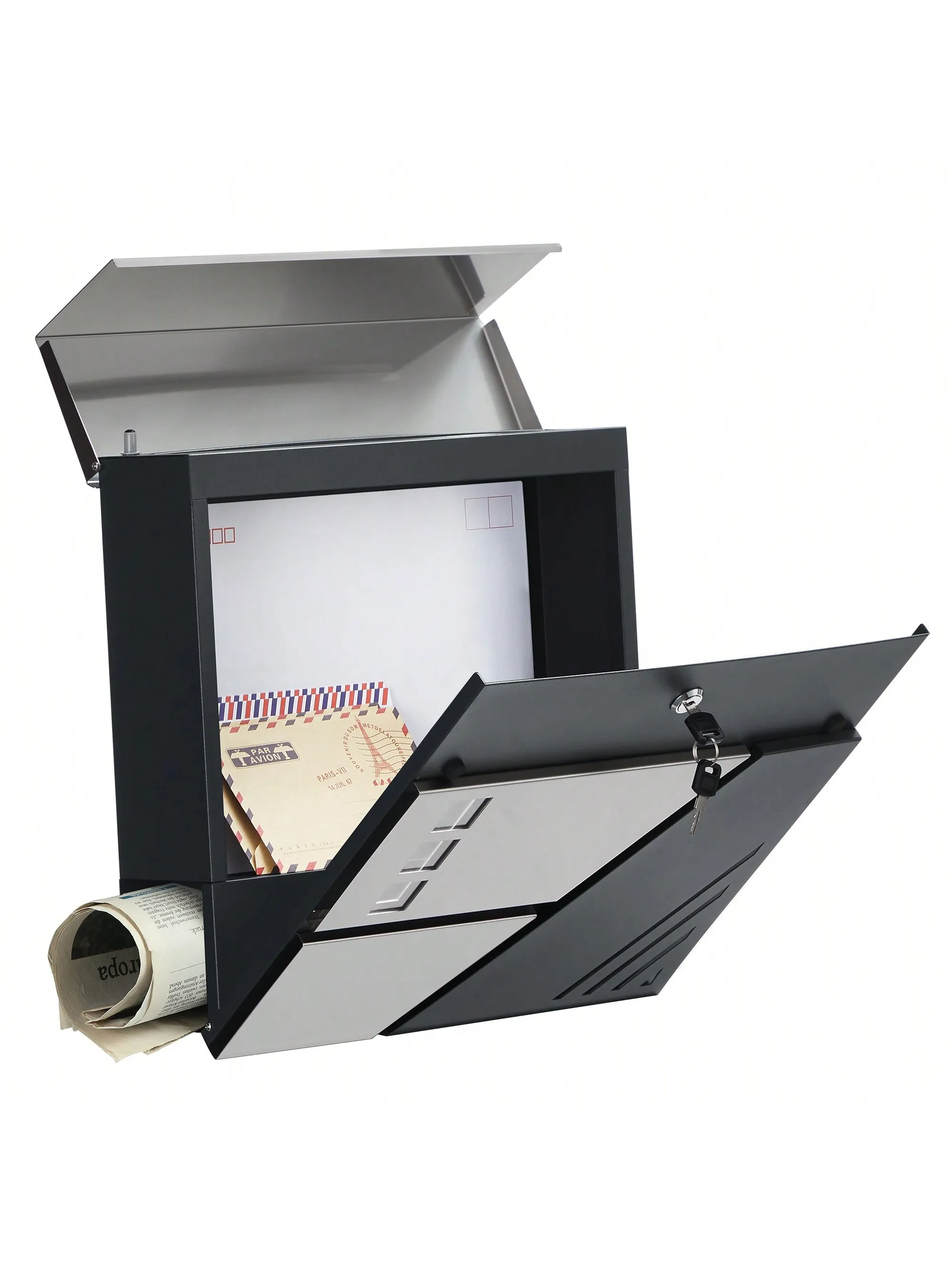 SONGMICS Wall-Mounted Mailbox: Stainless Steel, Viewing Window, Lock & Keys, Silver/Charcoal Grey, for Gate/Front Door