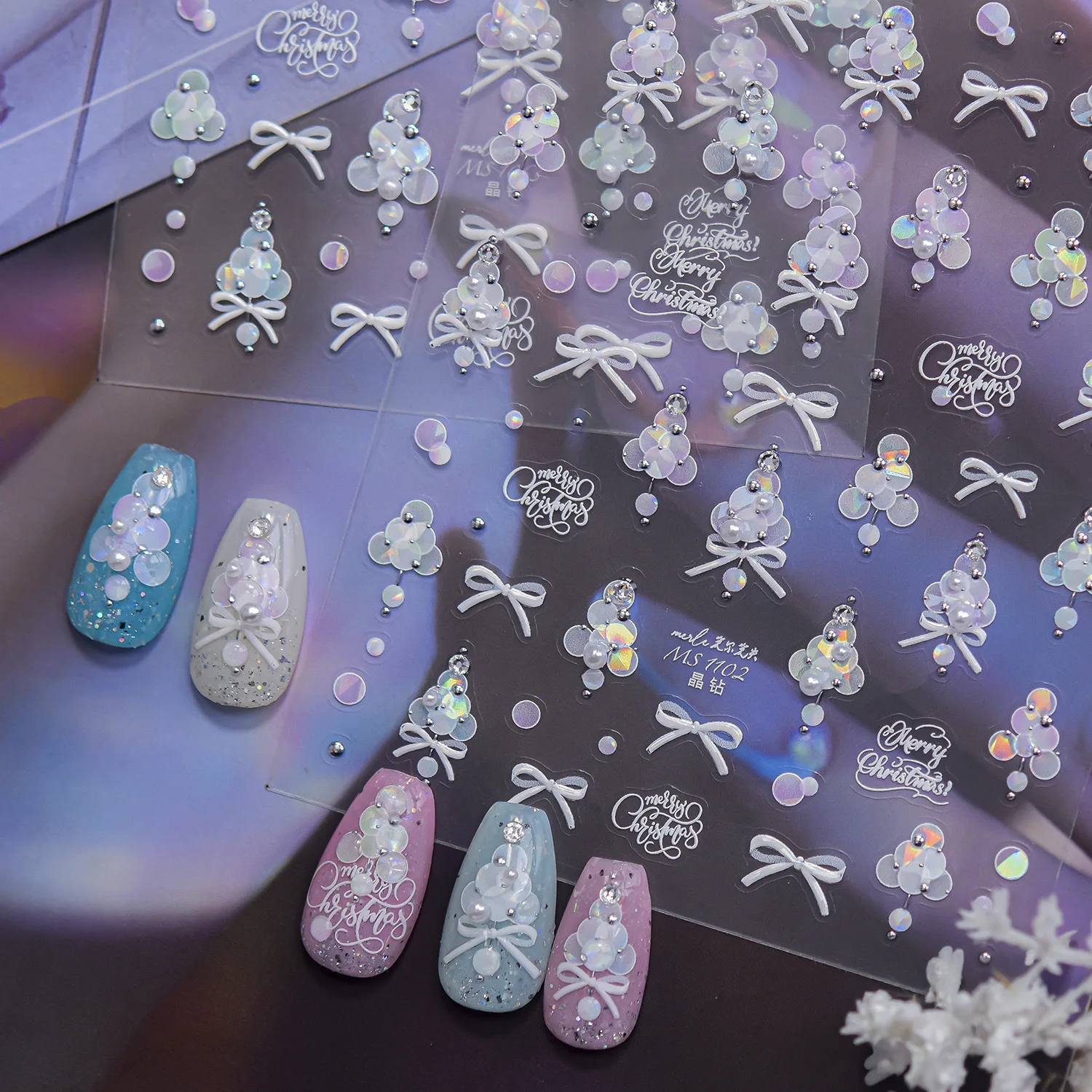 Iridescent Bubble Christmas 5D Nail Stickers Christmas Tree Bow Dot Nails Art Accessories Self‑Adhesive Manicure Decorat Decals