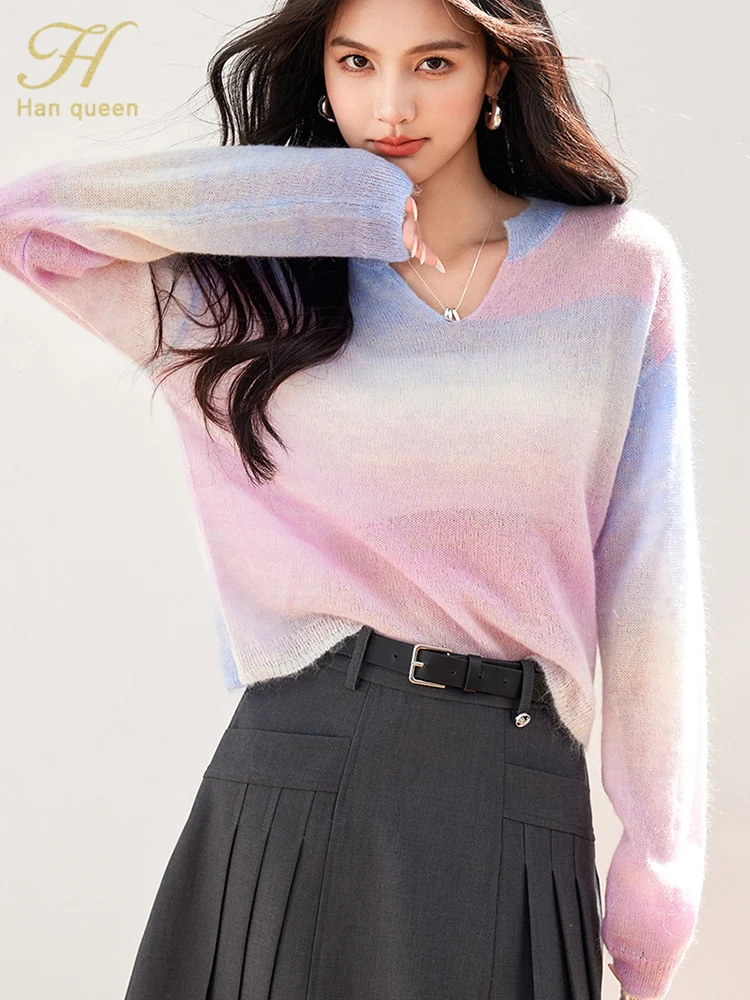 H Han Queen 2024 Korean Style Female Clothing Knitted Mohair Sweater Simple Long Sleeve Loose Casual Chic Loose Women Pullover