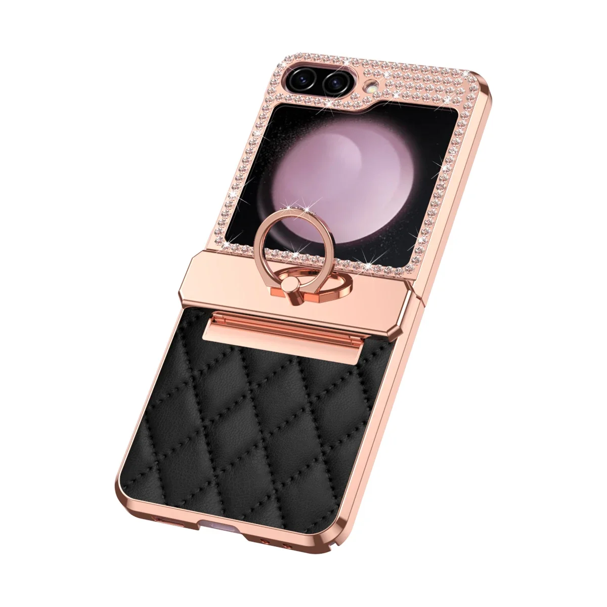 Rhinestone Glitter Trim Phone Case For Samsung Galaxy Z Flip 6 5 4 3 5G With Ring Diamond Pu Leather Hinge Plating Plastic Cover