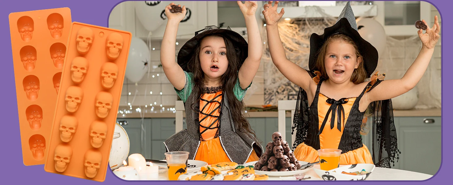 Totenkopf-Schokoladenformen, 2er-Pack Halloween Totenkopf-Süßigkeitenformen mit 20 Vertiefungen | Antihaft-Silikonform mit Totenkopfmotiv für Gummibärchen, Gelee und Eiswürfel – Detail 3