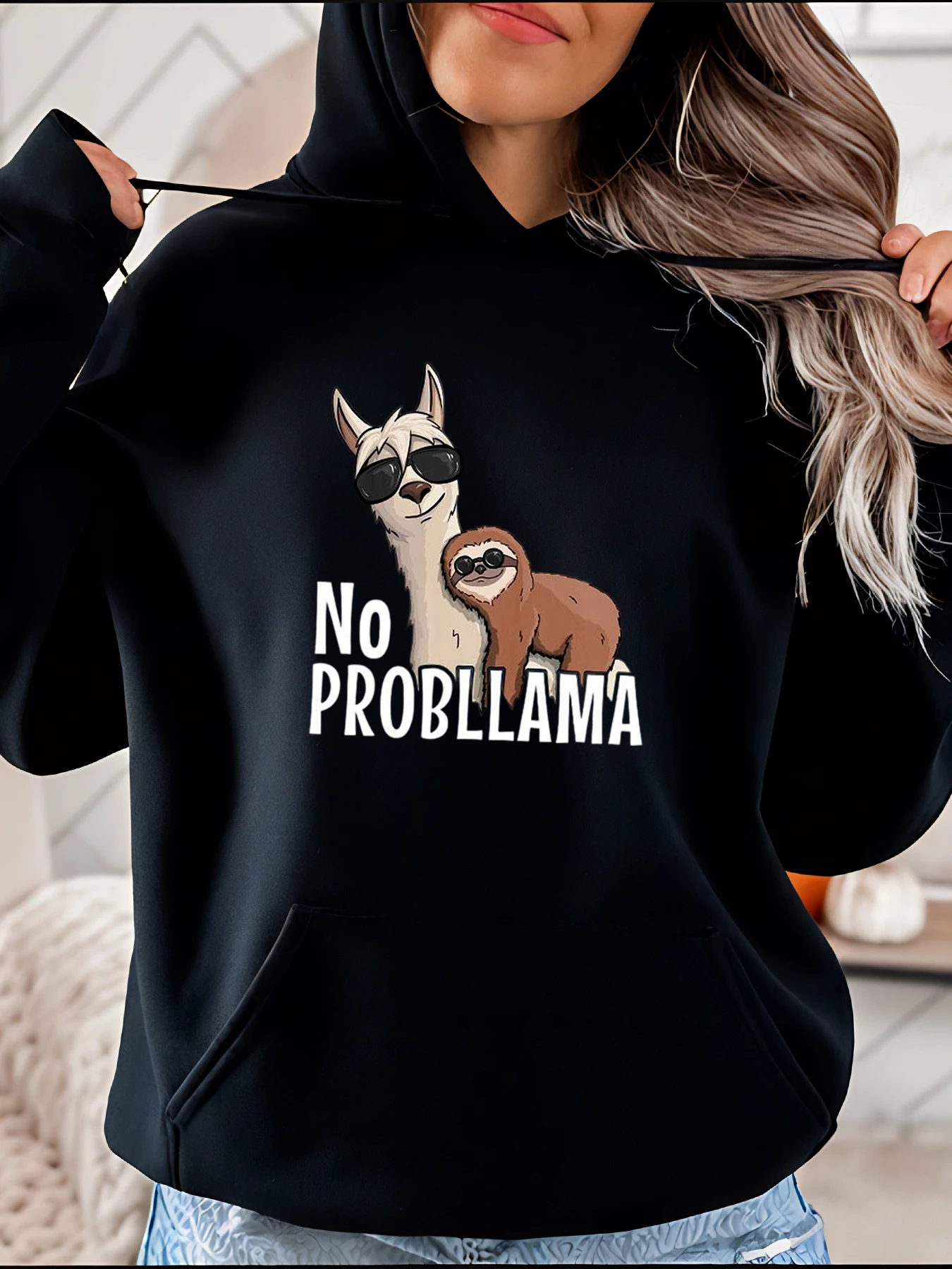 

Женская толстовка с принтом ламы и ленивца No Problemy, повседневная модная толстовка, осенне-зимняя верхняя одежда 280