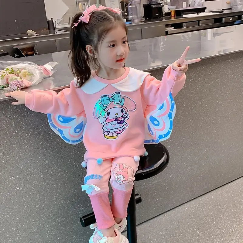 

Kawaii Kuromi Cinnamoroll My Melody Sanrio Children Cute Cartoon Hoodie Set Students Comfortable Sportswear Trousers for Girls