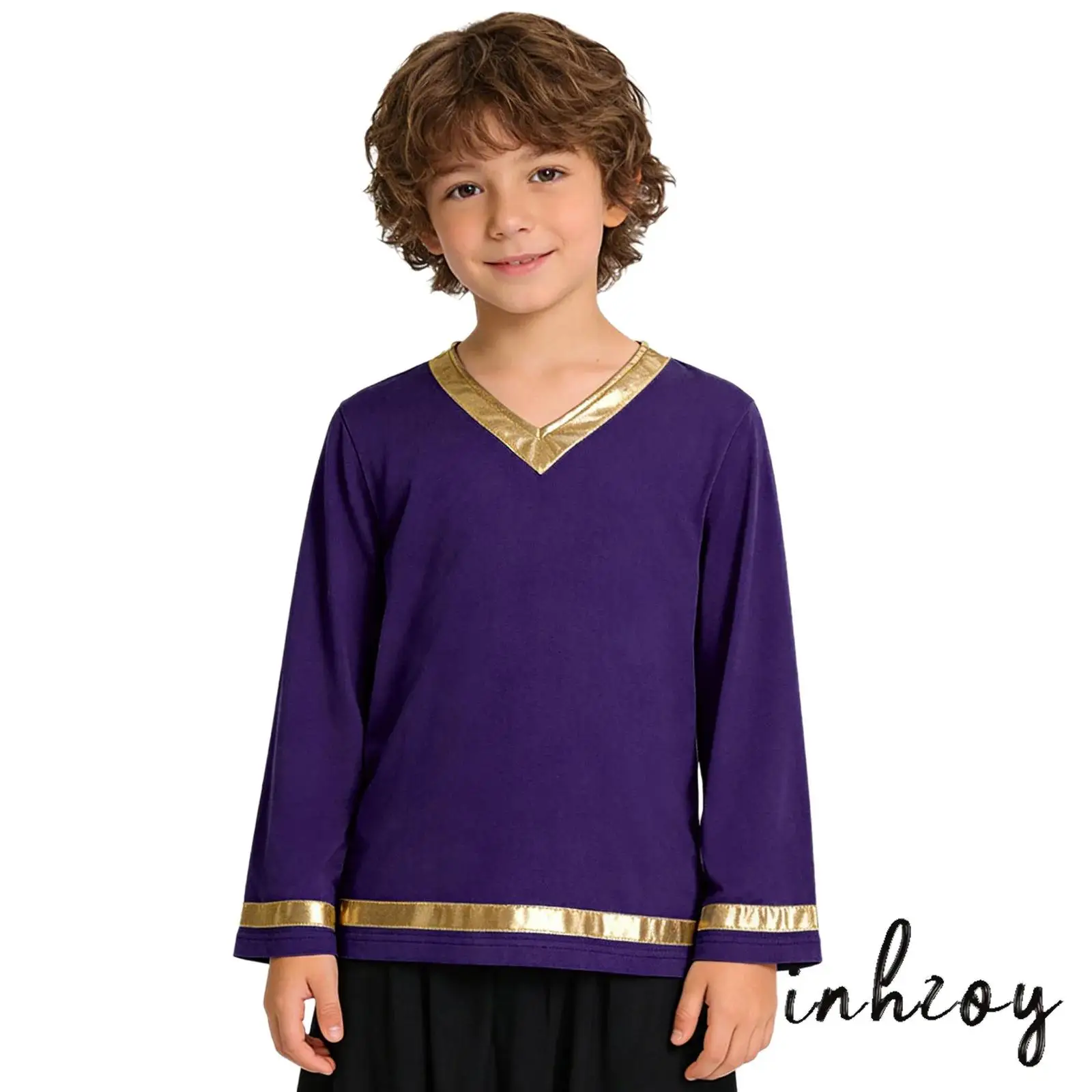 

Kids Boys Liturgical Praise Dance Costume Church Pullover Tops Metallic Shiny V-neck Long Sleeve Worship Praise Dance Top Shirts