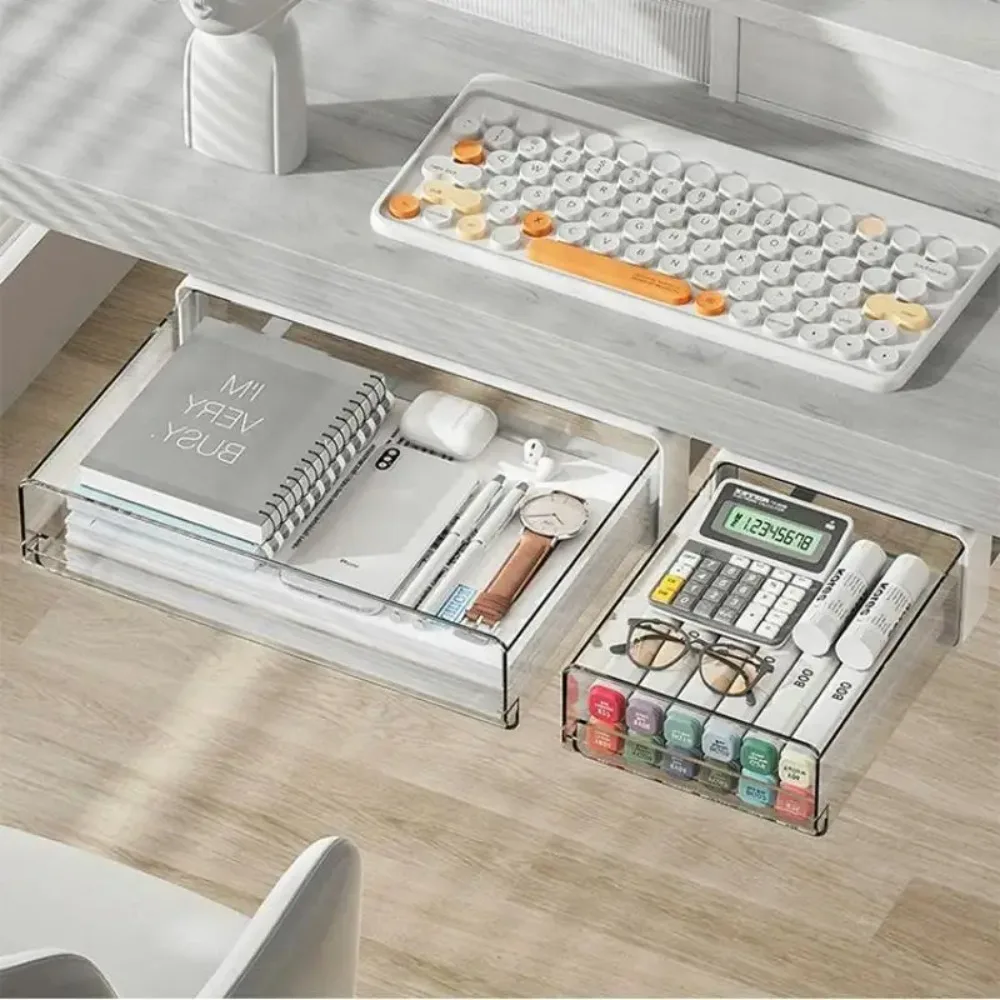 Under-Table Hidden Drawer Storage Box – Self-Adhesive, Drawer-Style Organizer for Office Desk, Cosmetics, and Stationery