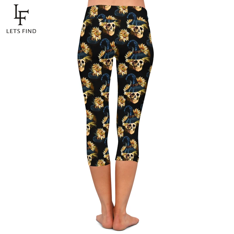 LETSFIND estate Sexy teschio e fiori seta latte stampa digitale pantaloni a vita alta donna nero Fitness Capri Leggings