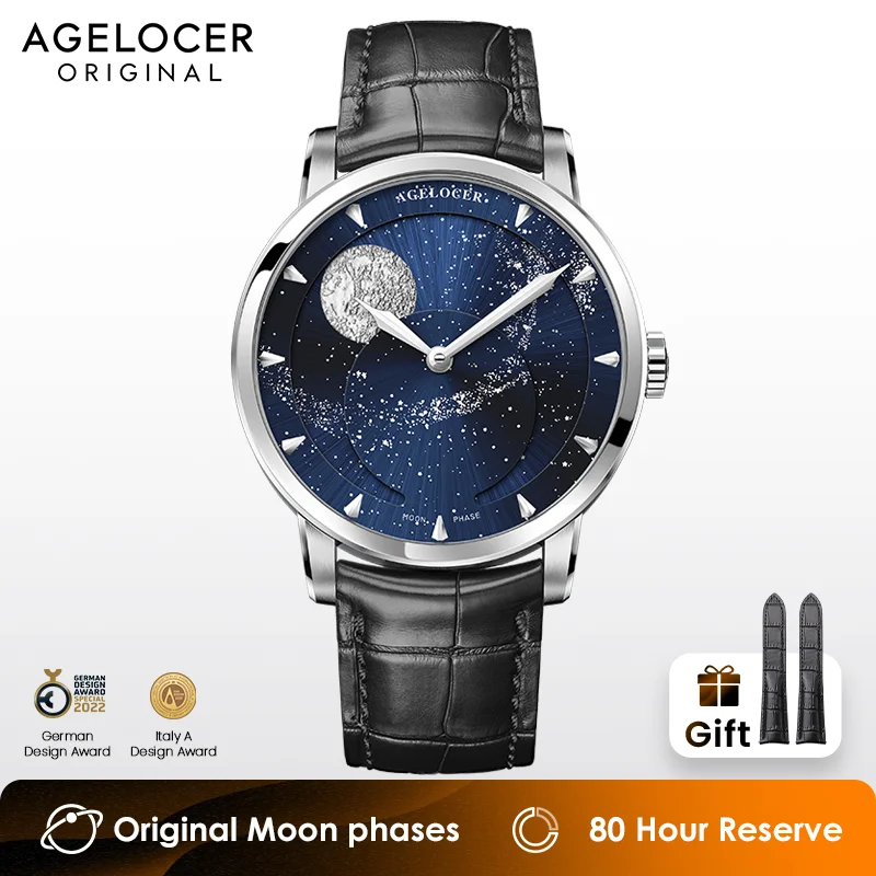 AGELOCER Real Moonphase Watches Men Sapphire Self-winding Mechanical Automatic Watch Power Reserve 80 Hour Moon phase Watch 40mm