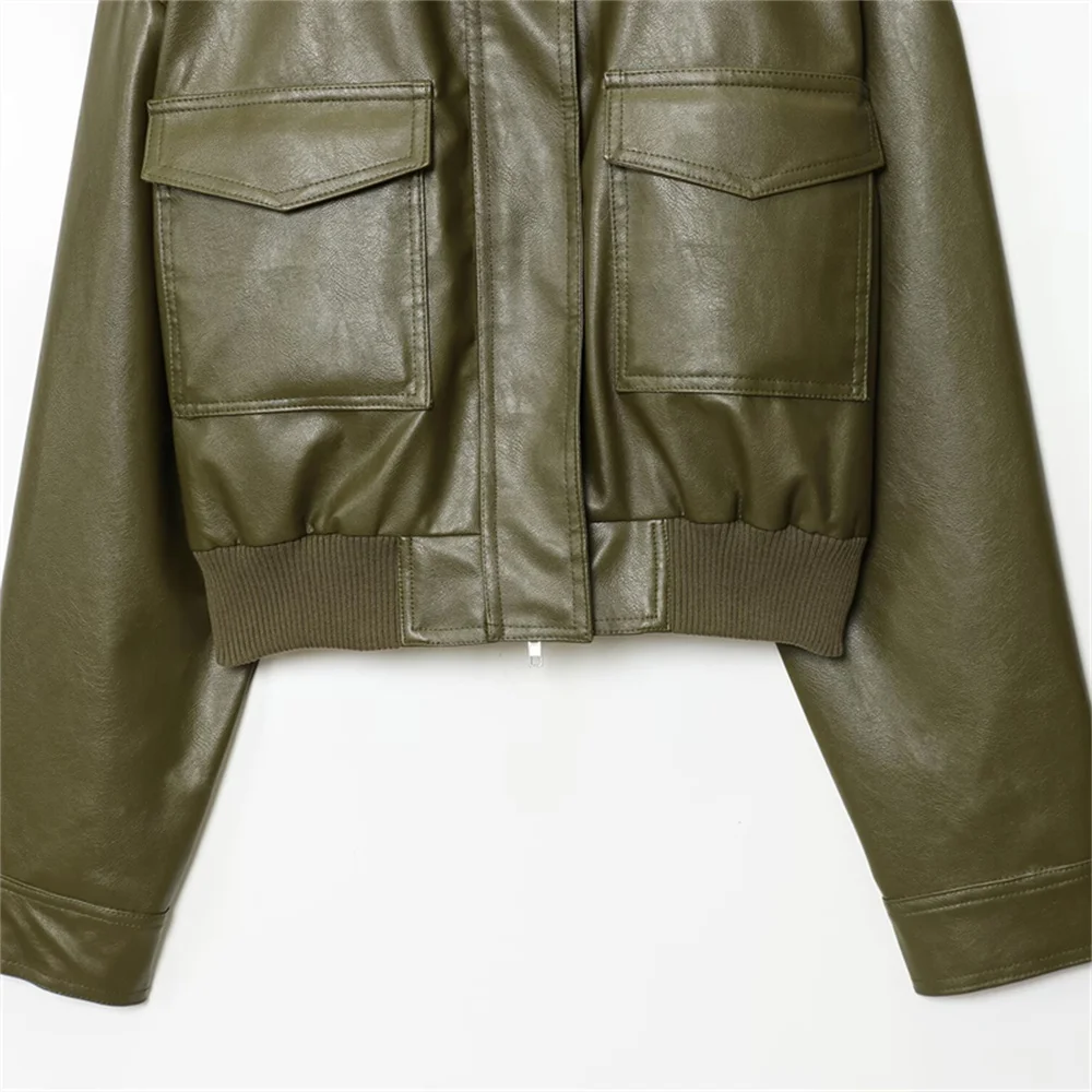 s nieuwe damesmode veelzijdig temperament PU-leren jas opstaande kraag korte mouwen korte jas