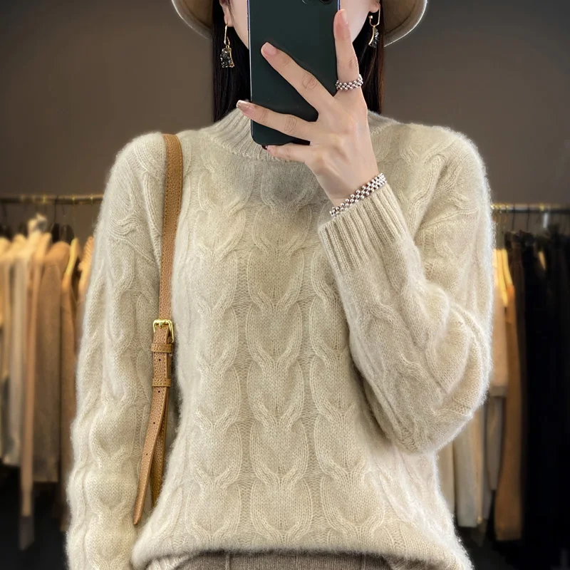 Autumn and Winter New Women's Sweater 100% Wool Cashmere Half High Neck Knitted Pullover Loose Fashion Thickened Women's Top