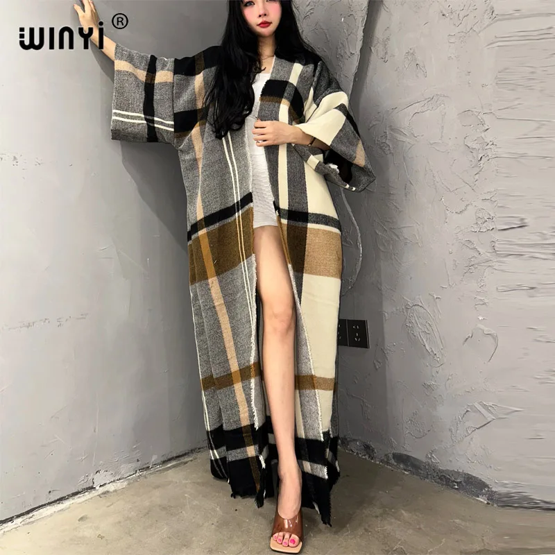 WINYI Winter Plaid print cloak Women High Quality poncho black fashion Luxury Loose OverCoat Thick Warm Female maxi coat top