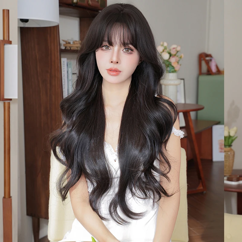 7JHH WIGS Synthetic Layered Body Wavy Dark Brown Wig for Women High Density Fashion Black Tea Curly Hair Wigs with Fluffy Bangs