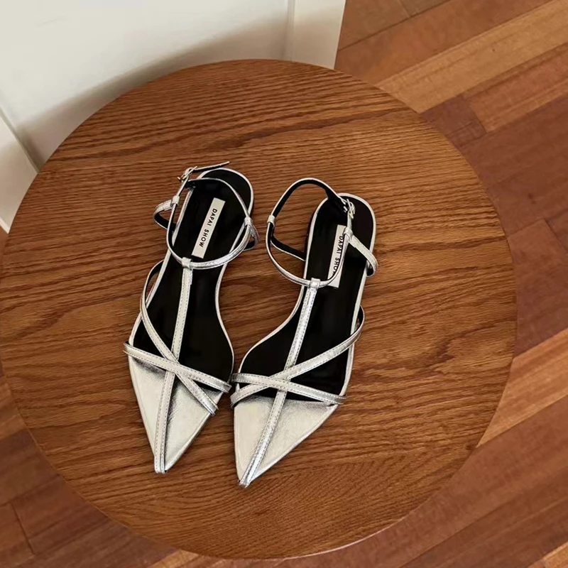 SUOJIALUN 2024 Summer New Brand Women Sandal Fashion Narrow Band Ladies Elegant Dress Gladiator Shoes Pointed Toe Outdoor Slide