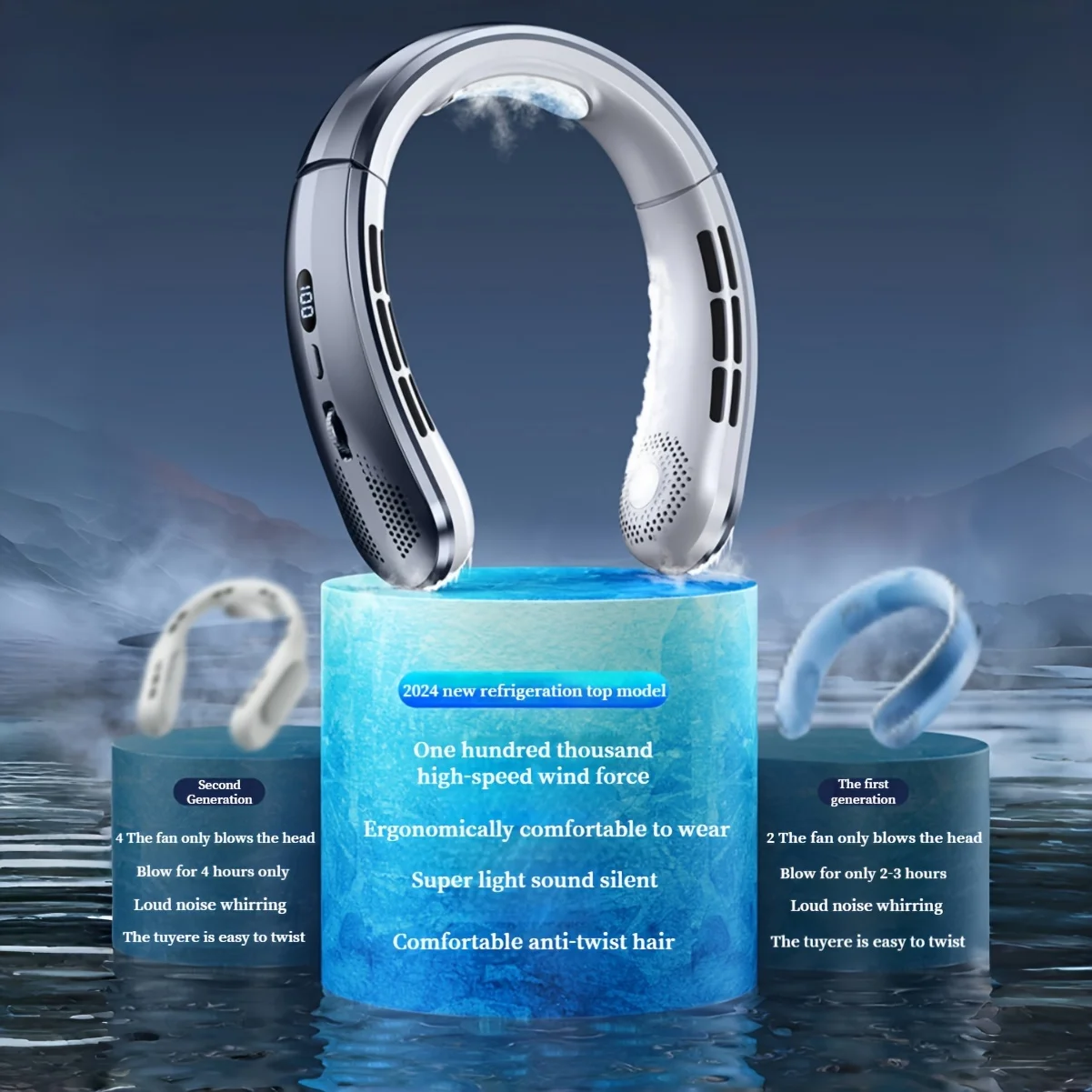 Портативный безлопастной шейный вентилятор с 3-скоростной регулировкой ветра, литиевой аккумуляторной батареей 18650, цифровым дисплеем, настольным компьютером