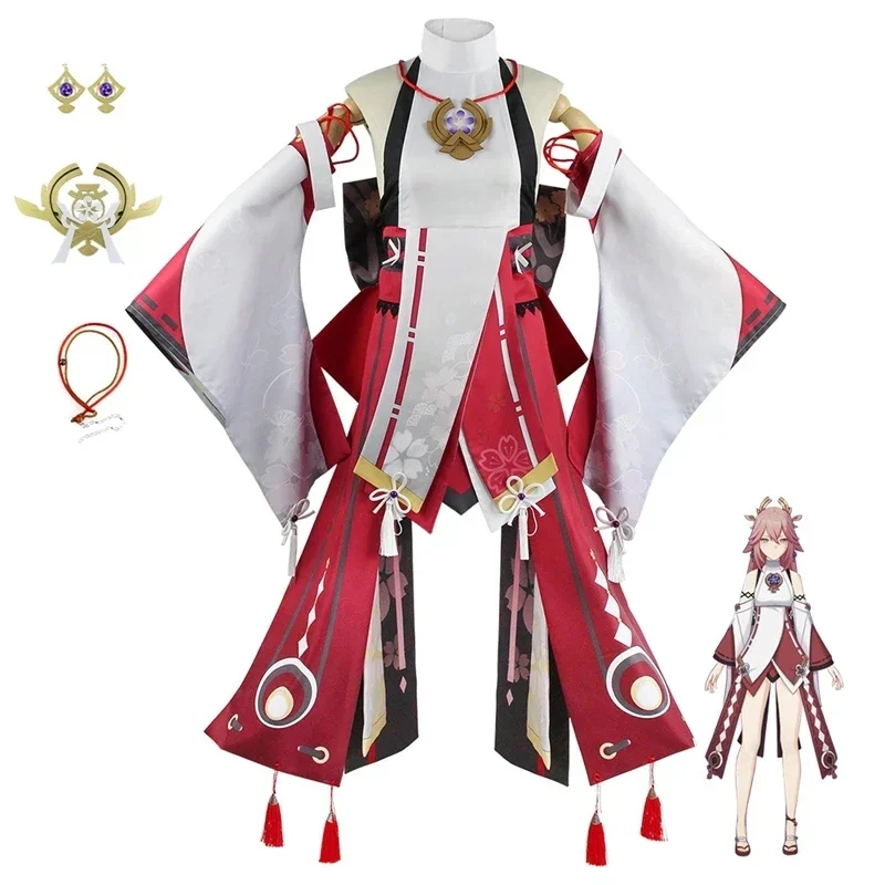 Genshin Impact Yae Miko Cosplay Costume Guuji Yae Fancy Outfits Guuji Full Set Guuji Yae Dress Wig Headwear Ears Tail Game Suit