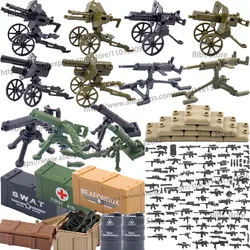 WW2 MOC Military Building Blocks Soldier Figure Heavy Machine Gun Mortar Weapon Boxes Sandbag Oil Barrel Accessories DIY Toys