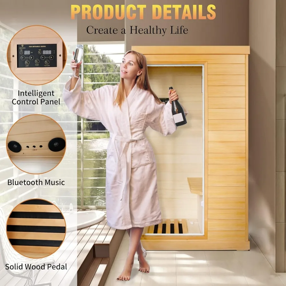 Sauna Home Sauna Spa Room Canadian Hemlock Wood 800W Indoor Saunas 110V with Control Panel and Tempered Glass Door, Room