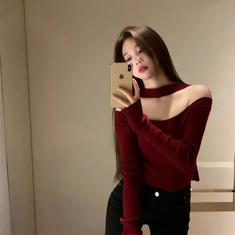 Vintage Knitting Short Tops Tees Spring Autumn New Long Sleeve Slash Neck Solid Slim Bottoming Shirt Sexy Fashion Women Clothing